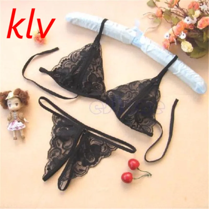 

KLV New 1 Set Sexy Women's Lingerie Blossom Lace Bikini Bra T-back G-string Underwear