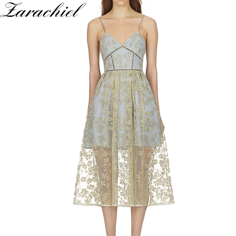 

Backless Cami Summer Dress Women Cute Lace Flower Embroidery Beads Sleeveless V Neck Mesh Dress Strap Self Portrait Long Dress