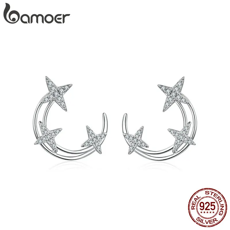 

BAMOER Moon & Star Stud Earrings Sterling Silver Shining Galaxy Universe Earring Women Engagement Statement Jewelry BSE107