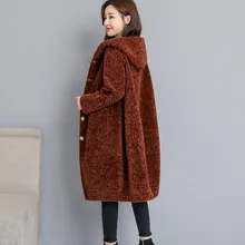 Овечья стрижка пальто Двусторонняя Меховая куртка Зимний плащ был тонкий длинный с капюшоном размера плюс меховые пальто шерстяное пальто S~ 4XL