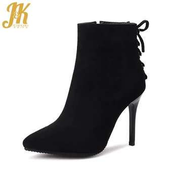 

JK Autumn Ankle Women Boots High Heels Boot Pointed Toe Zip Cross Tied Footwear Flock Shoes Winter Fashion High Neck Lady Shoes