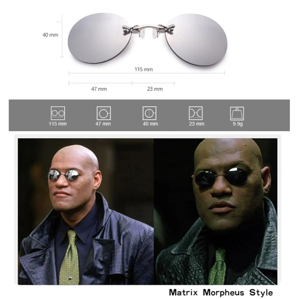 Мужские солнцезащитные очки без оправы в стиле Matrix Morpheus, ультрамодные, ультралегкие, с зажимом, в носу, Ретро стиль, солнцезащитные очки