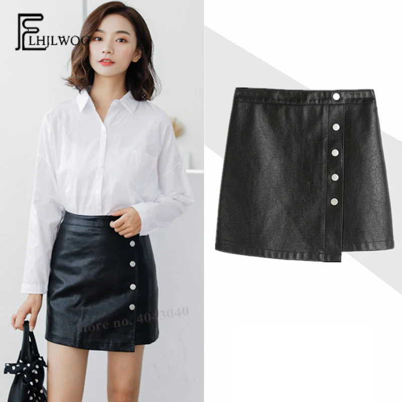 

High Waist Skirts Women Fashion Autumn Elegant Office Lady Temperament Work Button A Line Black Pu Faux Leather Skirt 886