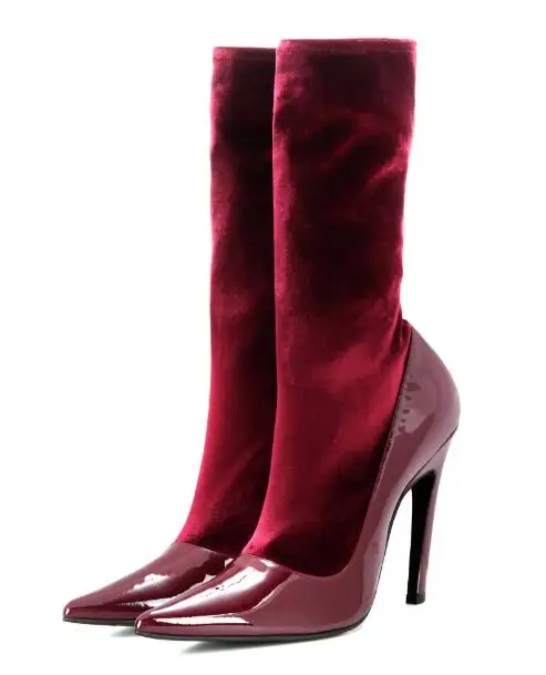 

2018 autumn and winter new woman flock splicing ankle boots Ladies spring pointed toe super high thin heel short boots