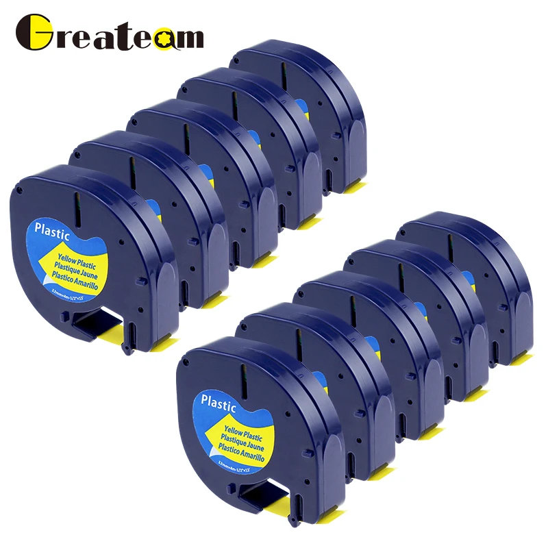 

Greateam 10pcs/lot 91202 Compatible DYMO LetraTag 91202 91222 91332 59423 Self-Adhesive Black on Yellow 12mmx4 m Label Tape