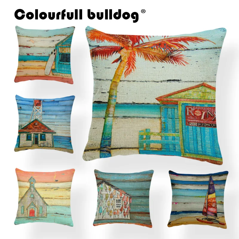 

Beach Cover Cushion Vintage Board Travel Happy Camping Watercolor Sailboat Lighthouse Bicycle Bridge Home Decor Pillow Plant Ree