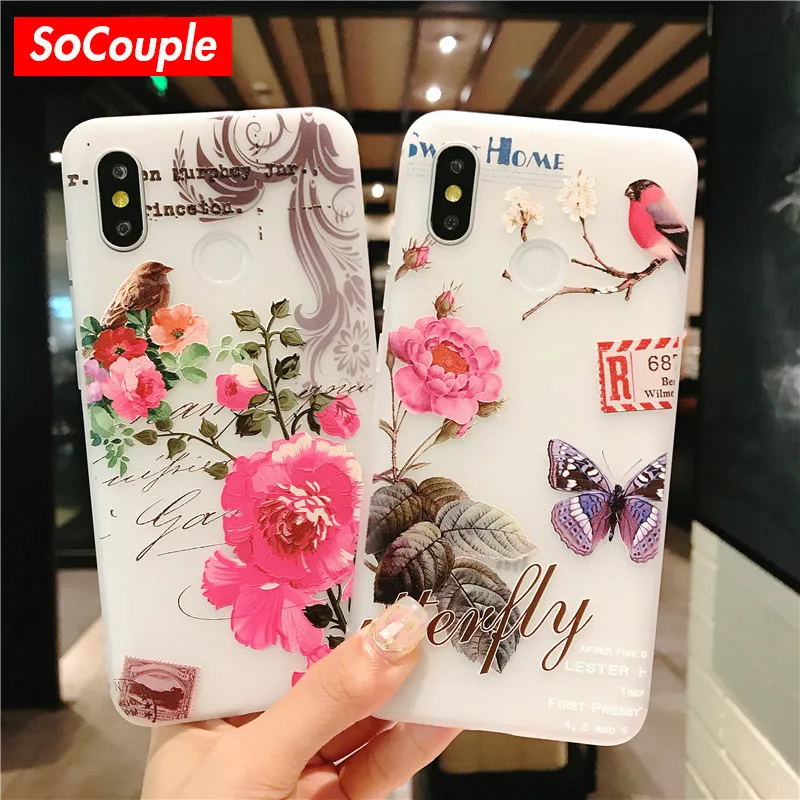 

SoCouple Soft TPU Phone Case For Xiaomi Redmi 4X Mi 5X 6X 8 9 Case For Redmi Note 5 5A 6 7 Flower Floral Bird Relief Back Cover