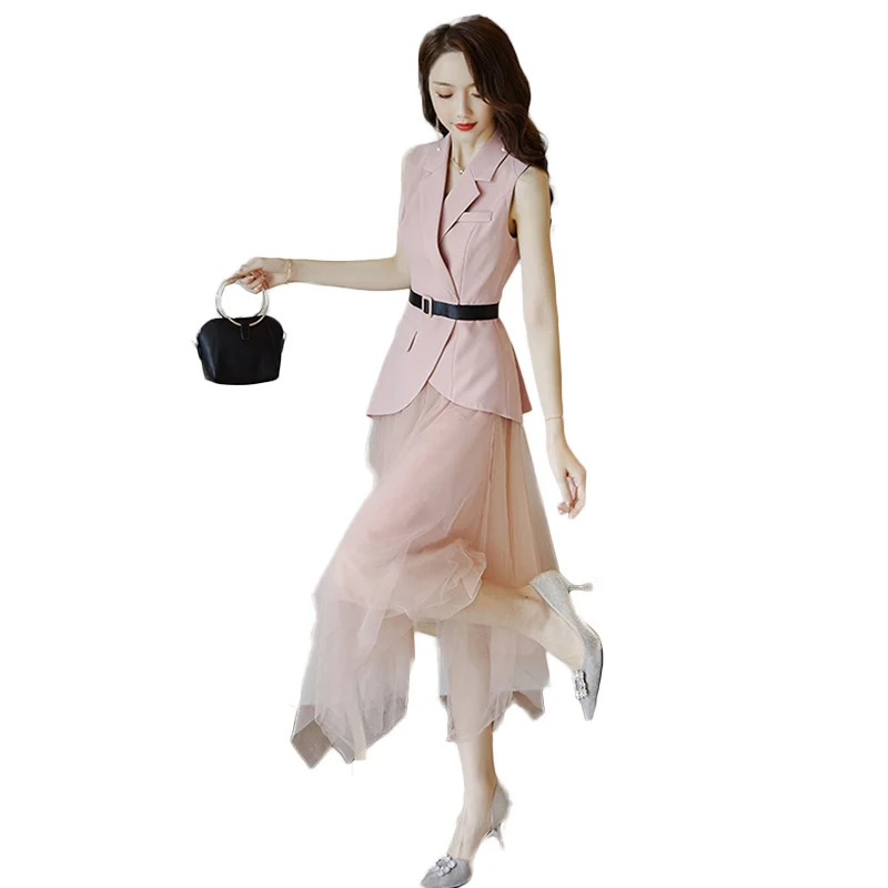 

2019 New Fashion Women's Vest Blazer suit top Two piece set elastic waist Mesh skirt summer NW1947