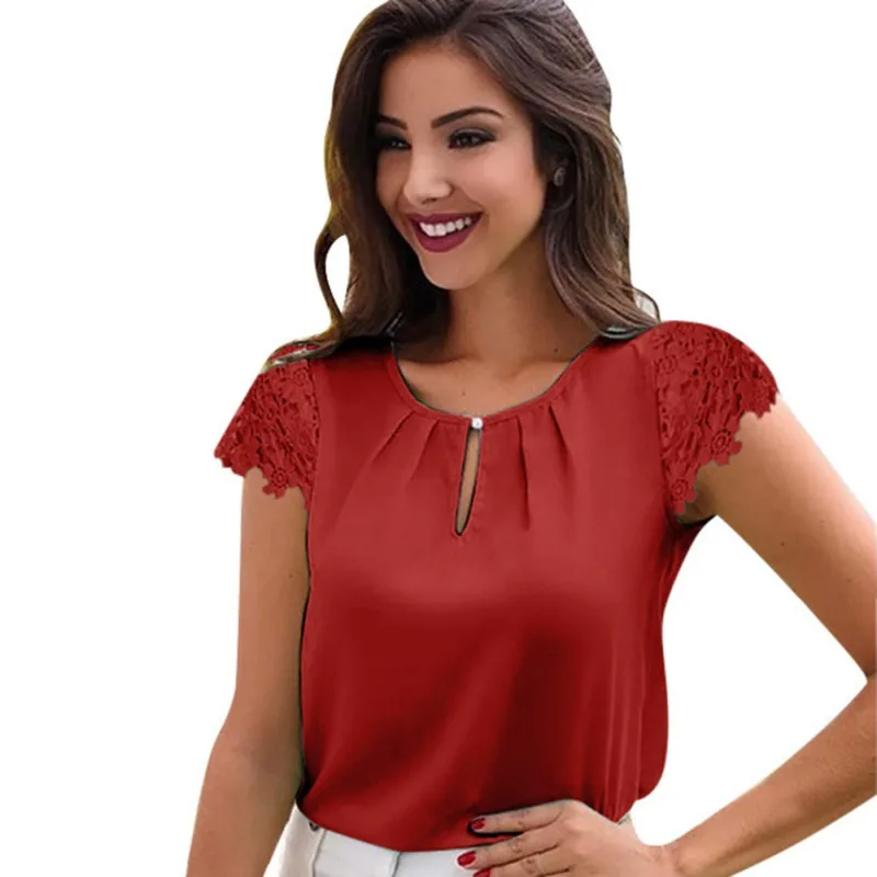 المرأة عارضة كشكش قصيرة الرباط كم بلوزة شيفون أزياء فتاة الصلبة س الرقبة الصيف قميص قمم blusas موهير دي مودا 2019