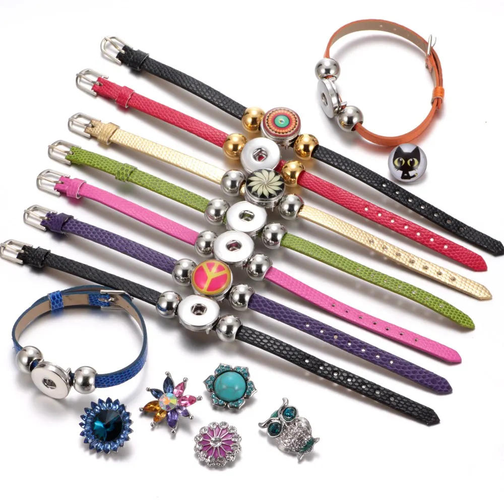 New Arrivals 15 Colors Cheaper PU Leather DIY Armband 18mm Snap Button Bracelet Jewelry SZ0281|bracelet jewelry|button braceletsnap button bracelet |