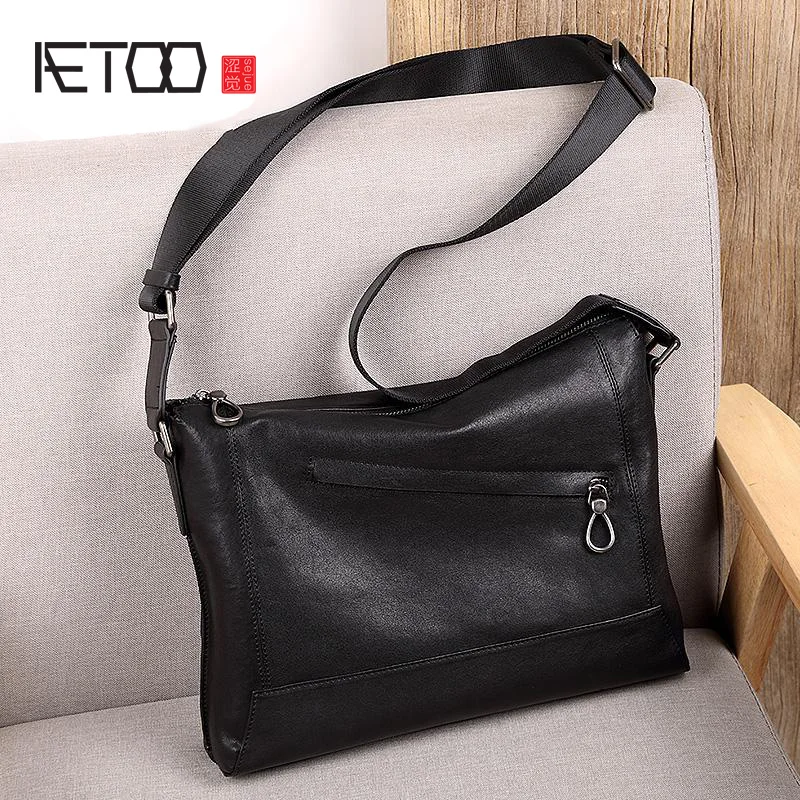 AETOO Men's cowhide shoulder bag, men's casual business leather crossbody bag, trendy horizontal portable leather bag