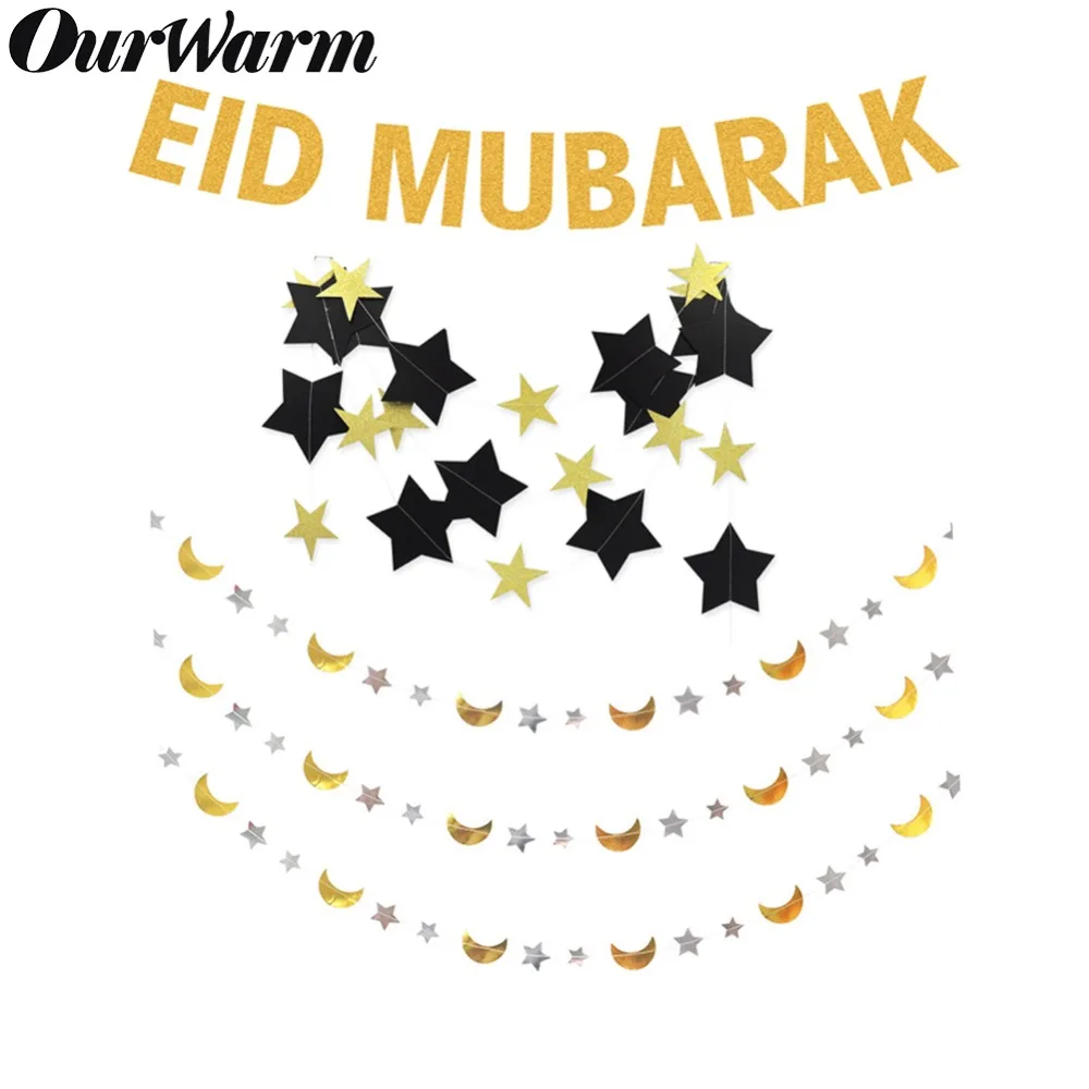

OurWarm EID Mubarak Banner Glitter EID Festival Bunting Garland Islamic Muslim Mubarak Decoration Ramadan Kareem Banner