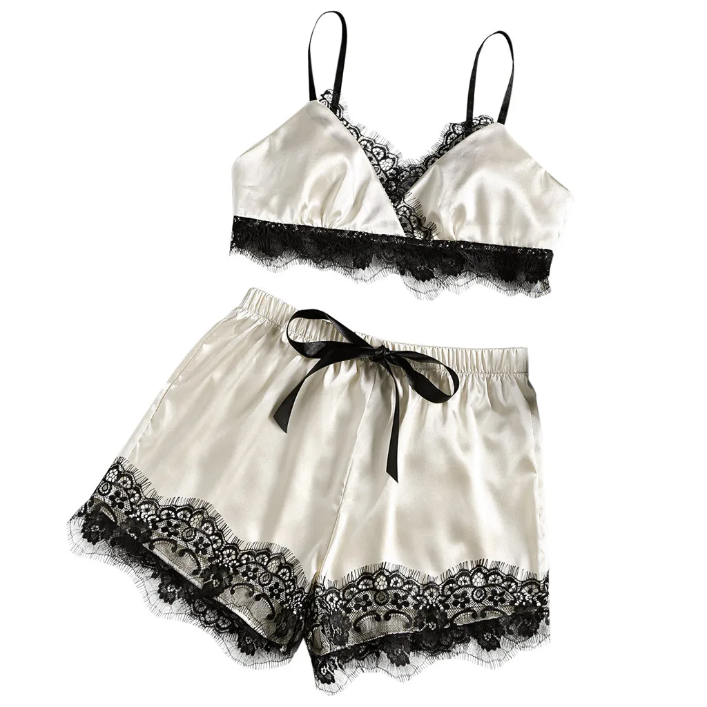 

2020 Sleepwear Womens Plus Size Pajama set Eyelash Lace Lingerie Bodydoll V-neck Lace Details Pajamas Set pajamas for women