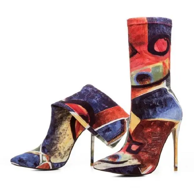 

Graffiti Stretch Thigh Boots Pointed Toe Color Print Leather Boots Women Patchwork Mid-calf Autumn Winter Boots For Women
