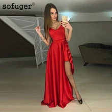 Красный сексуальный Высокий Низкий Простой сатин арабские вечерние платья мусульманский особый случай Vestidos De Fiesta De Noche плюс размер Формальная вечеринка