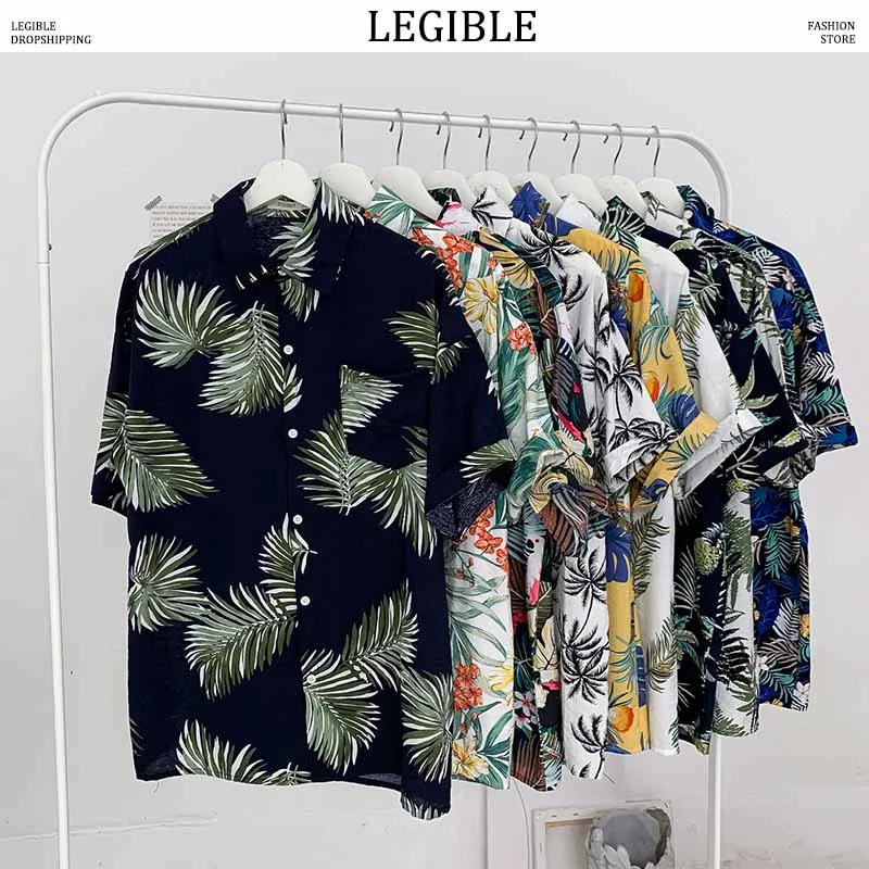 

LEGIBLE Floral Shirt Men 2019 Men Korean Fashion Short Sleeve Shirt Male Hawaiian Shirts Casual Loose Clothes Men Oversize