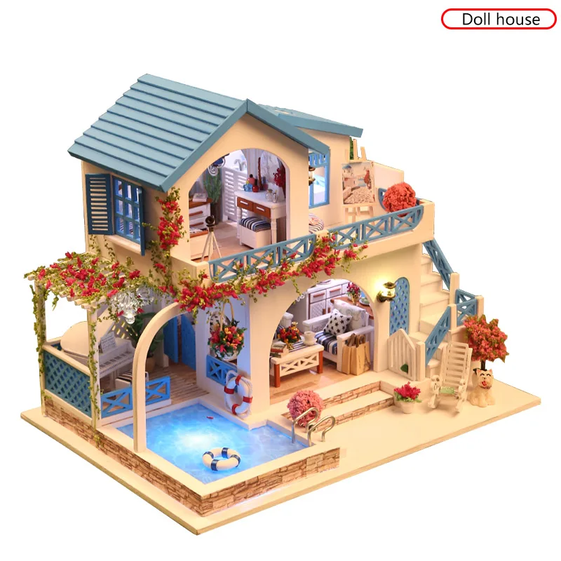 Синий и белый город кукольный дом мебель Diy Миниатюрный 3D Деревянный Miniaturas кукольный домик Каса игрушки для детей подарки на день рождения - Цвет: No Box No Dust Cover