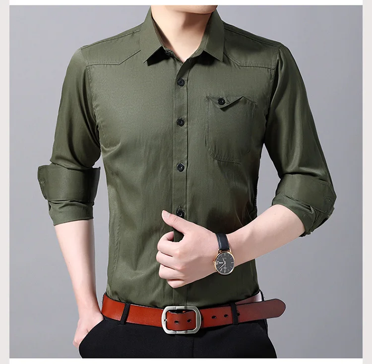 Осенние новые мужские рубашки Slim Fit Pocket мужские Camisa черный белый хаки кнопка вниз длинный рукав хлопок Повседневная Мужская рубашка 4XL 5XL