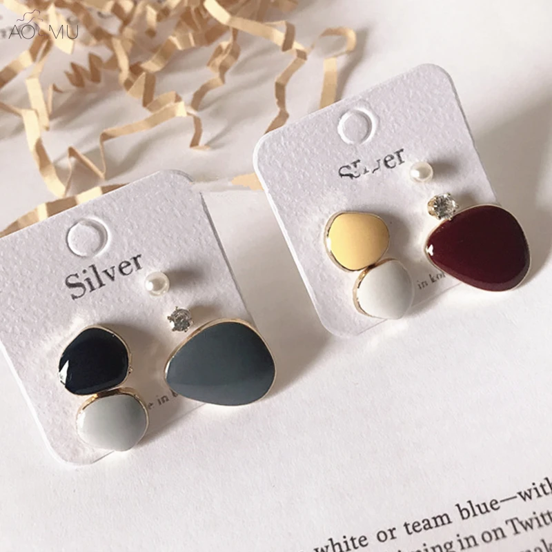 

AOMU 5pcs/set S925 Sterling Silver Pin Hit Color Glaze Geometric Irregular Round Circle Earrings for Women Girl Party Jewelry