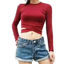 Женская сексуальная с поперечными вырезами тонкая с высокой талией для йоги фитнес Sposts Crop Top модная с круглым вырезом с длинным рукавом твердый Спортивная футболка