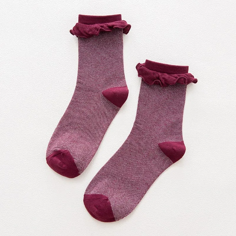 [COSPLACOOL] блестящие носки принцессы с двойным воланом золотого, серебряного цвета, шелковые дизайнерские женские сексуальные носки Sox Funny Харадзюку, модные носки - Цвет: 4
