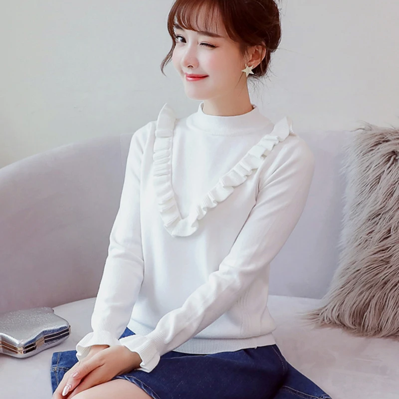 Lovely Ruffle Women's Sweaters And Pullovers Winter Fashion Half Turtleneck Sweater Knitted Bottom shirt Keep Warm Female Tops