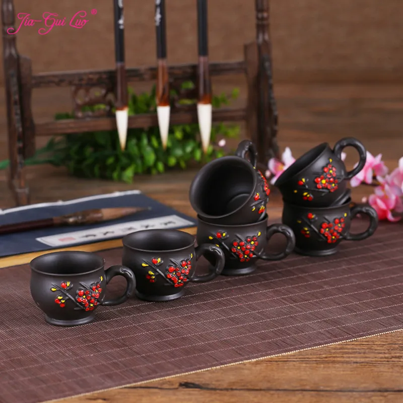 

JIA-GUI LUO 1 Set 6 Pieces Purple Clay Cup Kung Fu Tea Set Accessories Pu'er Cup Tea Cup Set Plum Relief Style 60ML I022