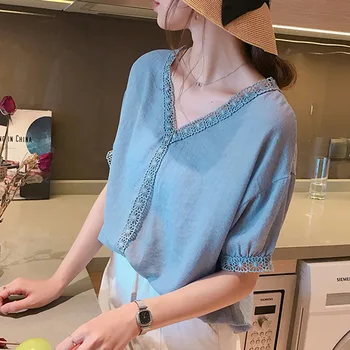 

Women Shirt Short Sleeve 2018 Summer Blouses Tops Casual Lace Stitching V-neck chiffon shirt