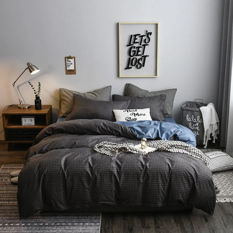 

2019 New Luxury Gray Plaid Bedding Set Cotton Solid Color Brife Modern Bed Comforter Queen King Size 4pcs Duvet Cover Sheet Set