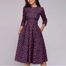 Women Dress Ladies A-line Elegant Party Retro Long Sleeve Dresses Floral Print Midi 1X Autumn Winter Round Neck Fashion Dress retro floral print round neck sleeveless dress for women