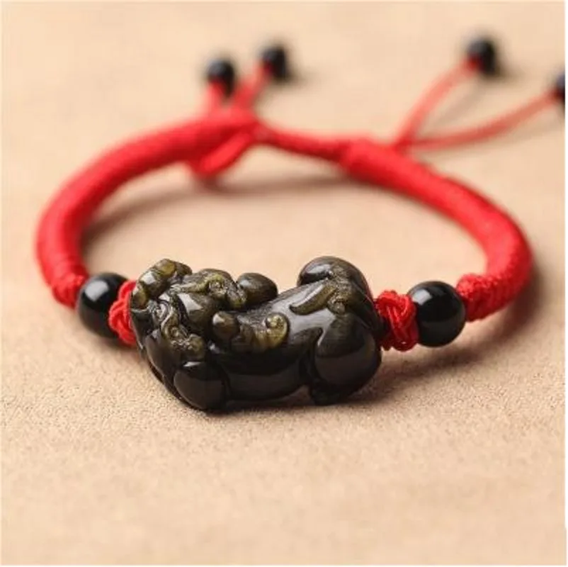 

Hand Braided Lucky Red String Bracelet With Charm Natural Stone Black Gold Obsidian Bracelet For Women And Men