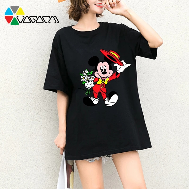 

2019 New Mickey Mouse Cartoon Print Fashion Loose T Shirt Short Sleeve Female Tee Party Club Plus Size Harajuku Tops Black White