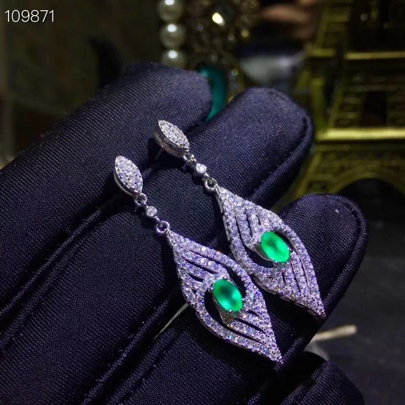 Мод прекрасный вентилятор S925 серебро натуральный зеленый изумруд серьги-капли с камнями серьги с натуральными драгоценными камнями для женщин Нарядная, для девочек, подарок, ювелирное изделие