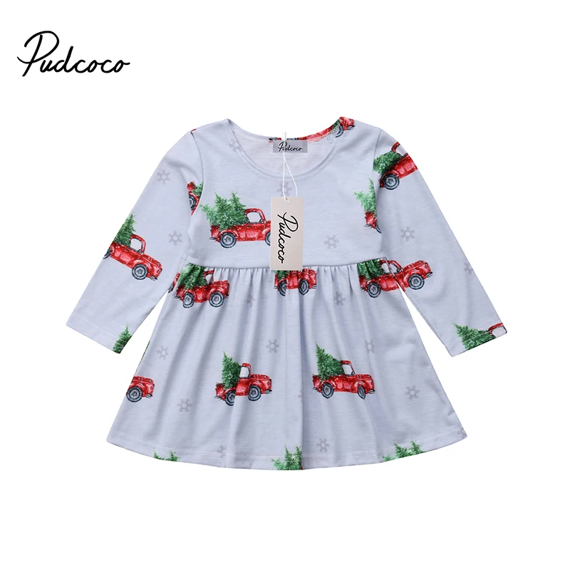 

Cute Kids Baby Girl Chritmsa Dress Long Sleeve Car Xmas Tree Print Princess Party Pageant Dress Vestidos