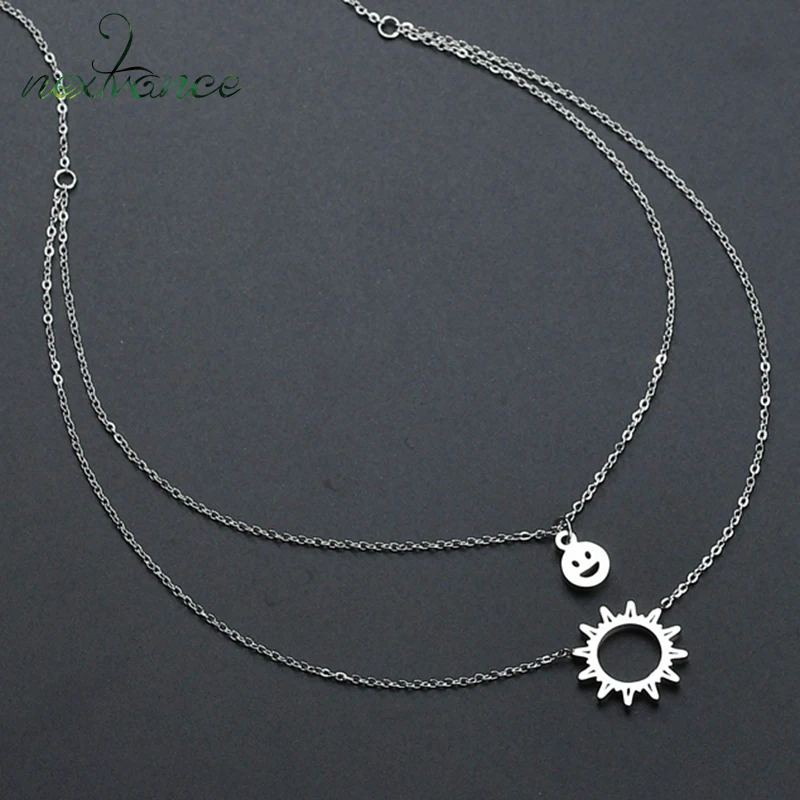

Nextvance Double Layer Sun Round Pendant Necklace Boho Hollow Smile Chain Necklaces Girlfriend Gift Bijioux Femme Collar