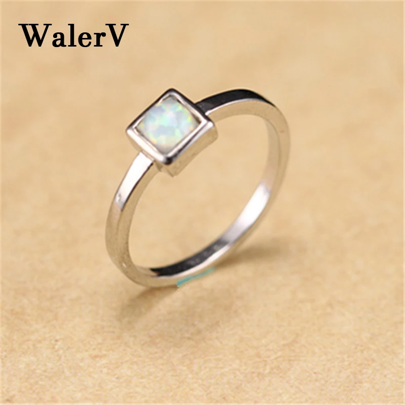 

WalerV 925 Sterling Silver Black Gold Ring for Women Set Simple Charm Square White Fire Opal Stone Wedding Engagement Jewelry