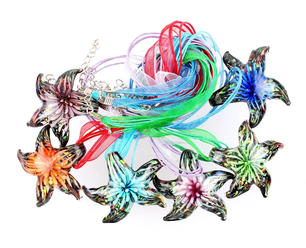 

Wholesale 6pcs necklaces handmade Murano Lampwork Glass Mixed Colorful Exquisite Starfish Pendants Charms Cord Necklaces HOT