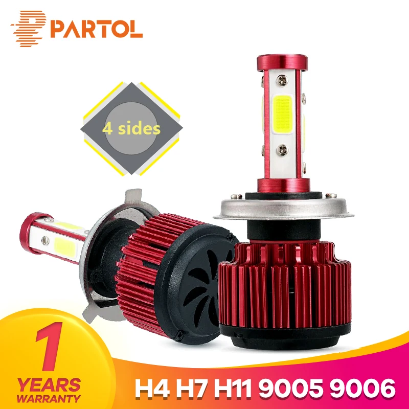 Partol 2pcs/Set 100W H4 Lead Headlight Bulbs 4 Sides LED H7 Car Light 4 COB Chips Auto H11 Fog Lamps 10000LM 9005/9006/9012/5202