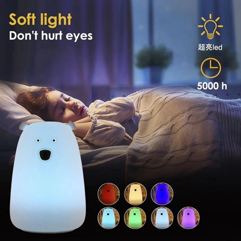 

LED Silicone Soft Night Lights cute Bear colorful changeable LED Sensitive Tap Control Bedside lamp for Children Kids gifts