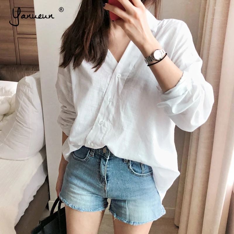 

Yanueun All Base Match Stylish Solid Long Sleeve Blouse Spring Autumn V-Neck Button Tops Blouses For Women