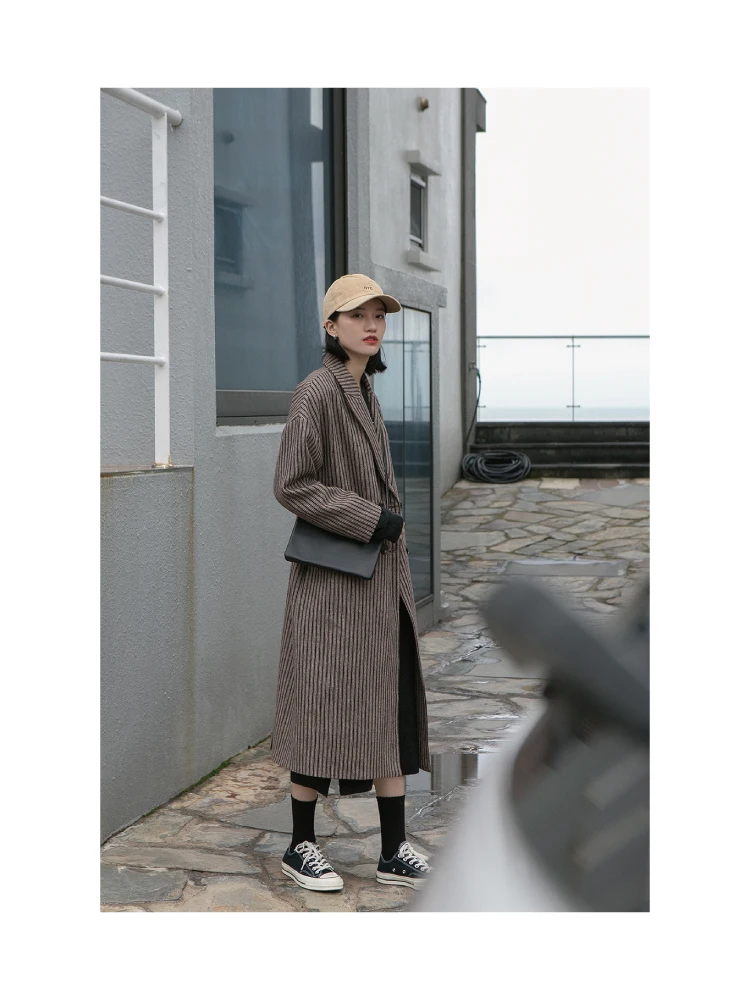 Зимнее Новое модное двубортное длинное шерстяное пальто в полоску в уличном стиле
