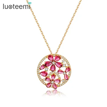 

LUOTEEMI Design Luxury Round Elegant Pendant with Mirco Paved Cubic Zircon Red Flower Necklace Champagne Gold-Color Jewelry