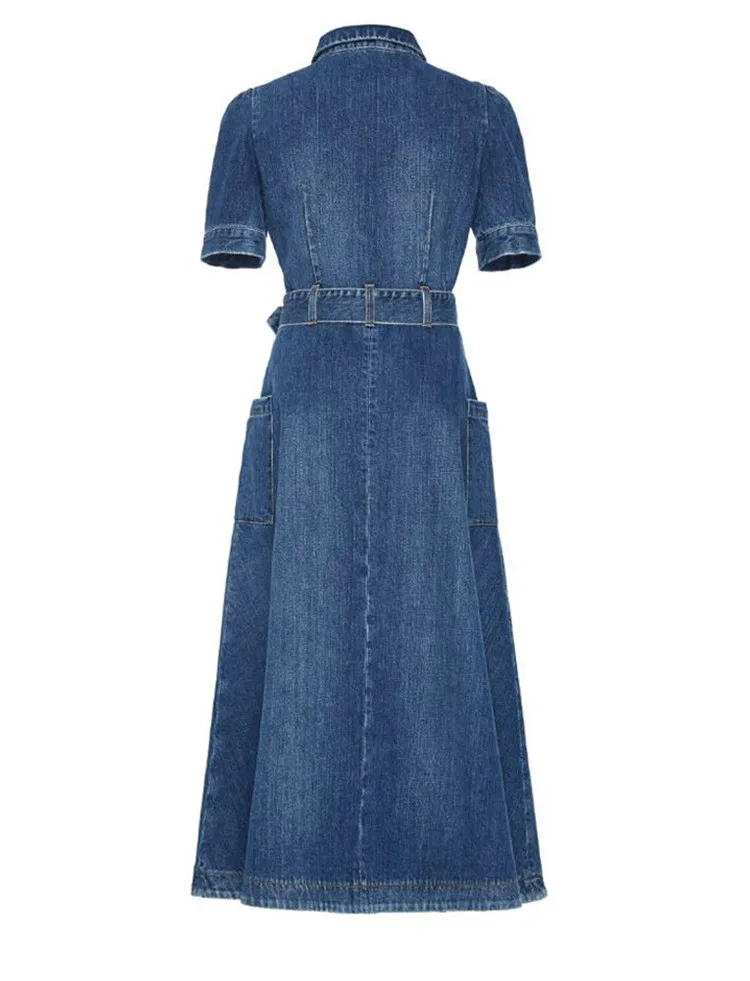HAMALIEL, женское однобортное джинсовое большое свободное платье, новинка, Осеннее джинсовое синее Ковбойское платье с отложным воротником и поясом
