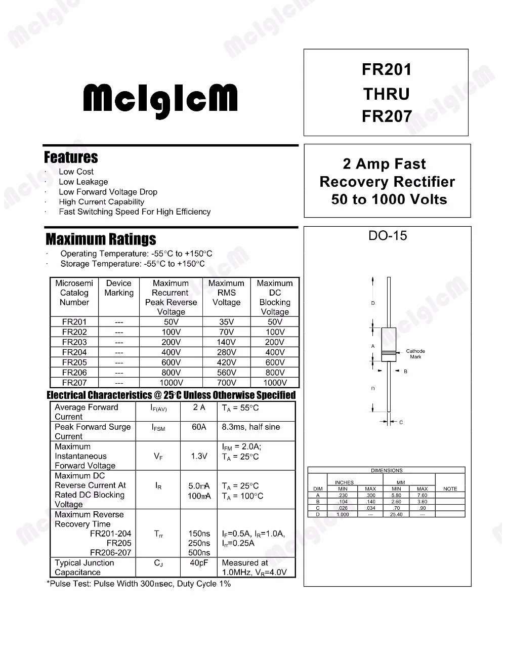 MCIGICM с выпрямительным диодом 1N5399 FR104 FR107 FR157 FR207 FR307 RL207 1N5406