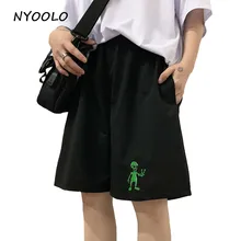 NYOOLO Harajuku Estilo vintage bordado extraterrestre Pantalones rectos verano streetwear suelto elástico cintura longitud rodilla pantalones mujeres hombres