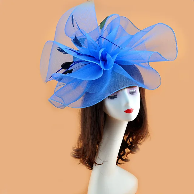 Vintage Bridal Flower Feather Hats Elegant Wedding Accessories Bride Net Hats White Fascinator Hats Women's Formal Occasion Royal blue
