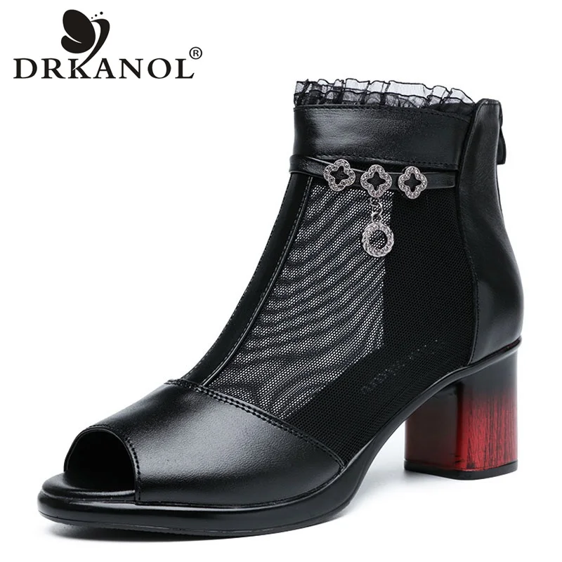 

DRKANOL 2019 Summer Women Sandals Peep Toe High Heels Genuine Leather Thick Heel Sandals Black Back Zipper Ladies Sandals Shoes