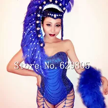 Блестящие стразы с синими блестками, бисер, кисточка, боди, перо, головной убор, одежда для сцены, наряд для выпускного, трико, костюм певицы