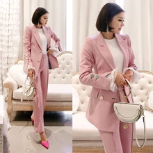 Vintage OL Pink Green double-breasted two-piece Set Women Pant Suit Notched Female Blazer Jacket 2019 Office Sexy Women Suits