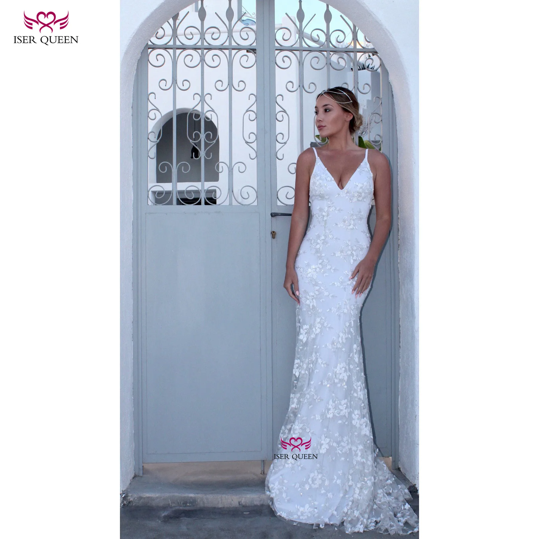 V Neckline Embroidered Lace on Net Wedding Dress Mermaid Europe Style Court Train Lace up Pure White w0504 V Neckline Embroidered Lace on Net Wedding Dress Mermaid Europe Style Court Train Lace up Pure White w0504